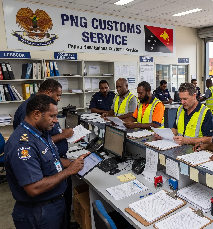 Shipping documents being checked for customs clearance in PNG