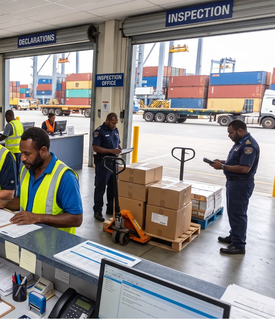 Palletised cargo stored for consolidation in a PNG warehouse