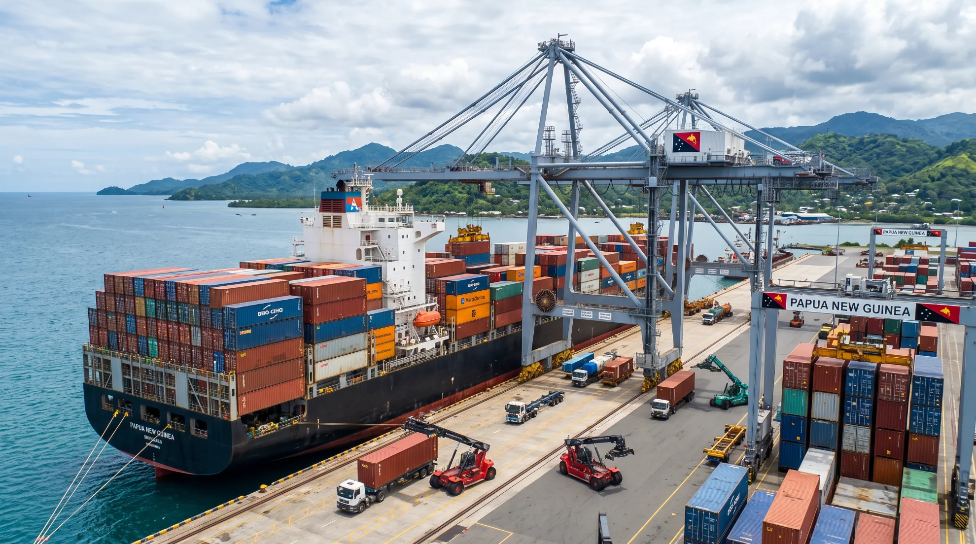 Cargo vessel and containers at a Papua New Guinea port